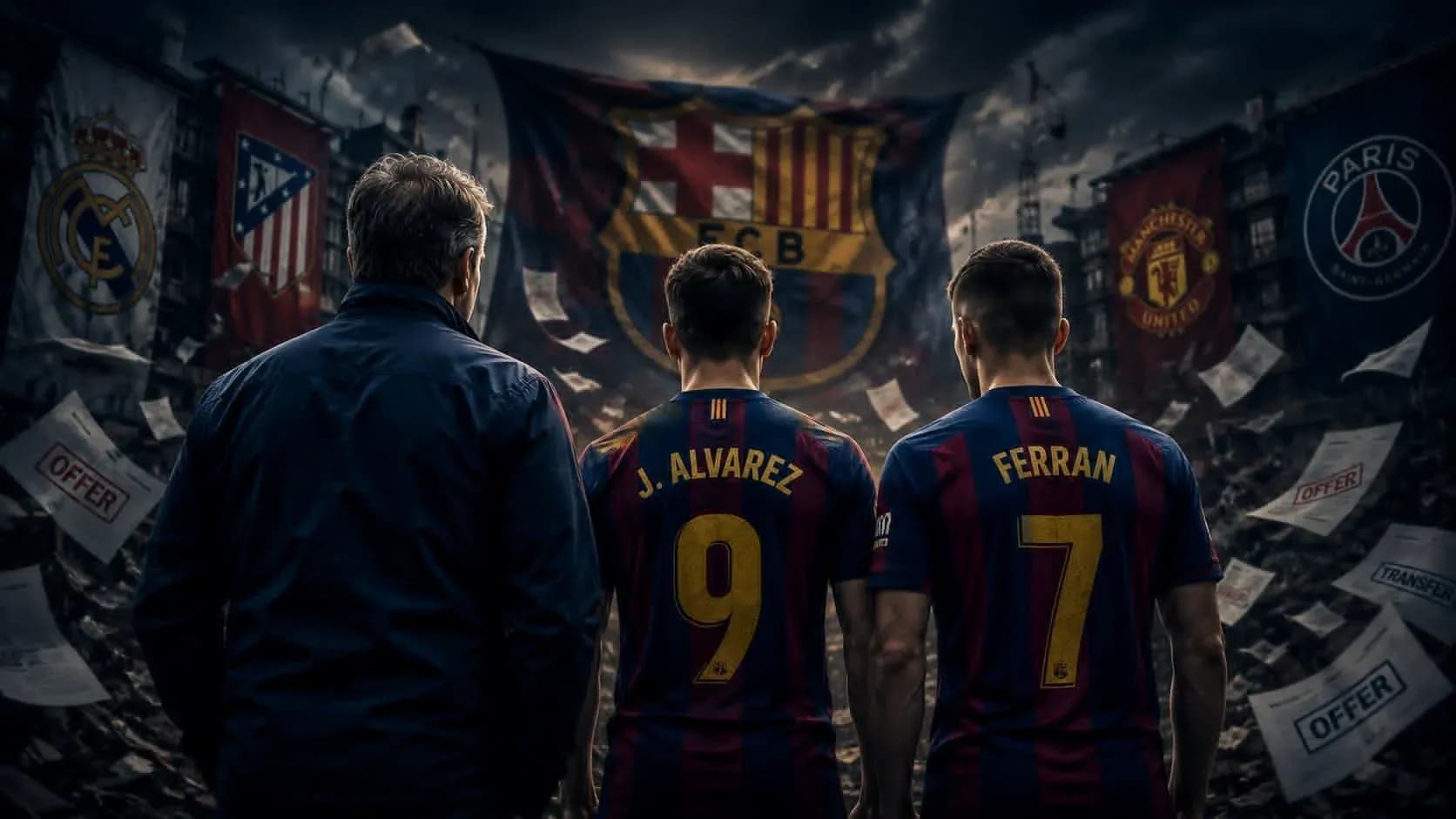 Jugadores de Barcelona con camisetas en fondo de banderas