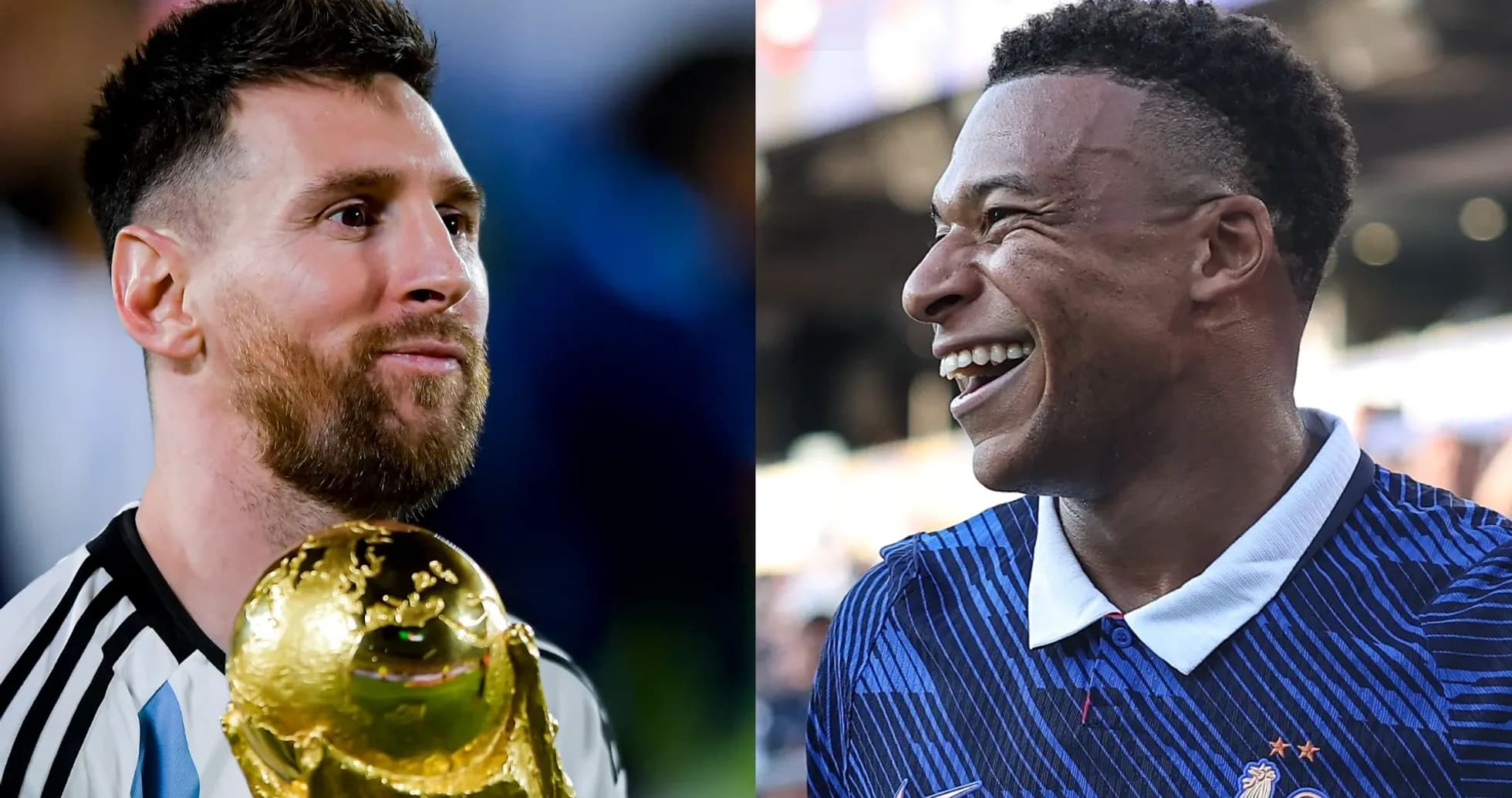 Lionel Messi con el trofeo y Kylian Mbappé sonriendo