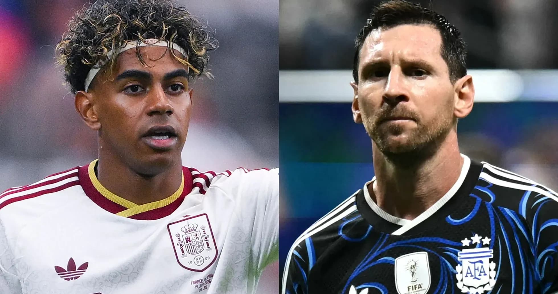 Jugadores de fútbol en uniforme, uno de España y otro de Argentina