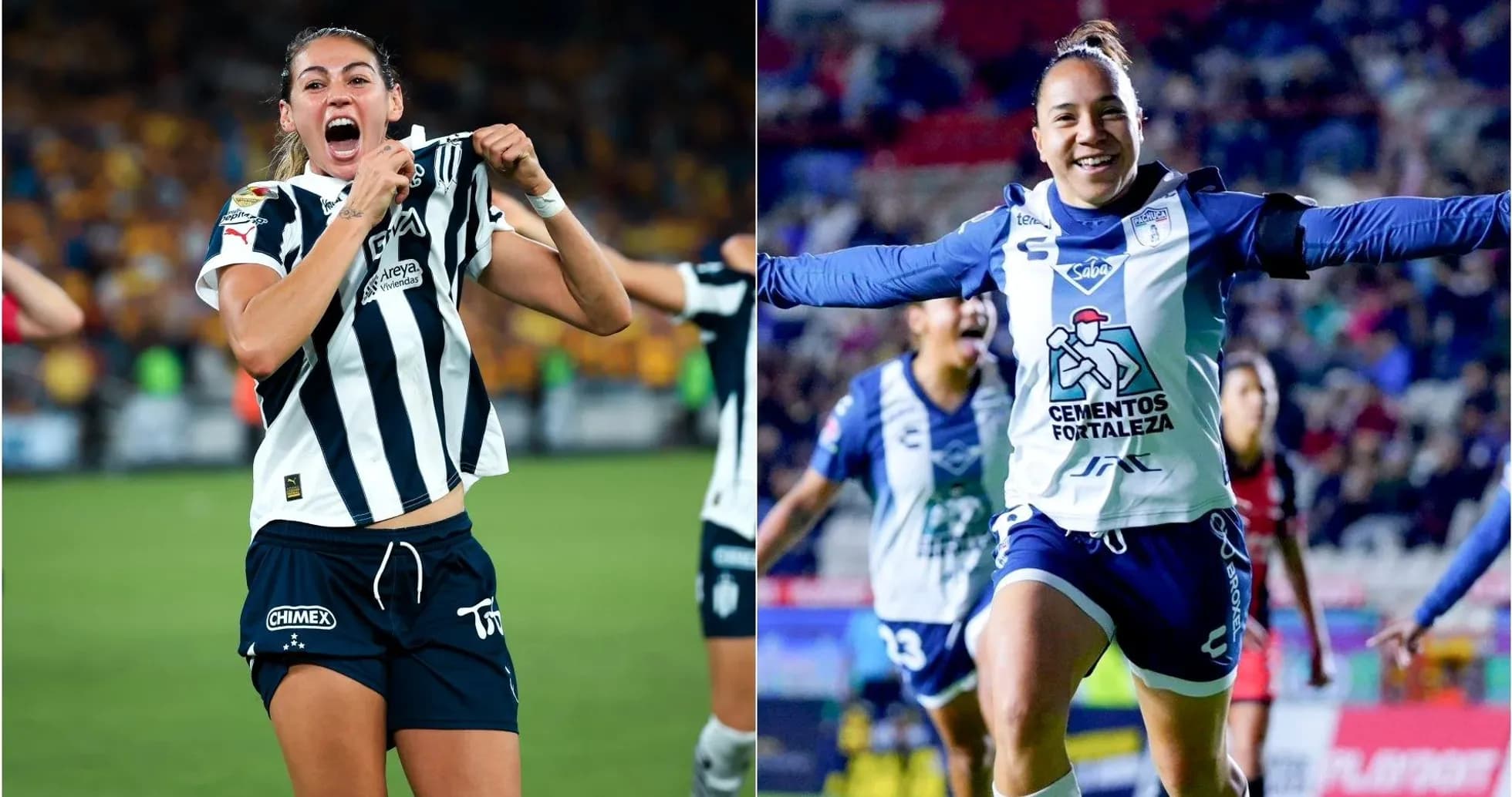 Jugadoras de Monterrey y Pachuca celebrando goles