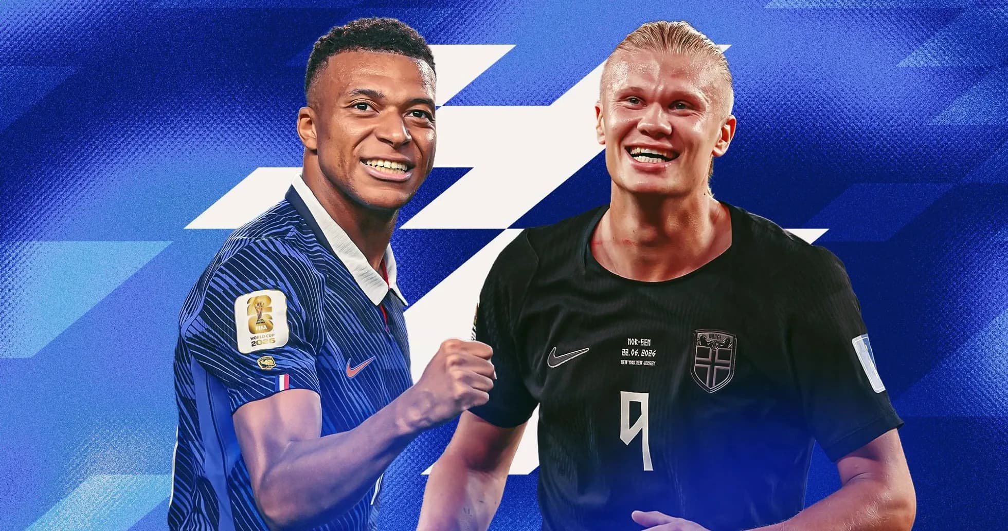 Kylian Mbappé y Erling Haaland sonriendo en fondo azul