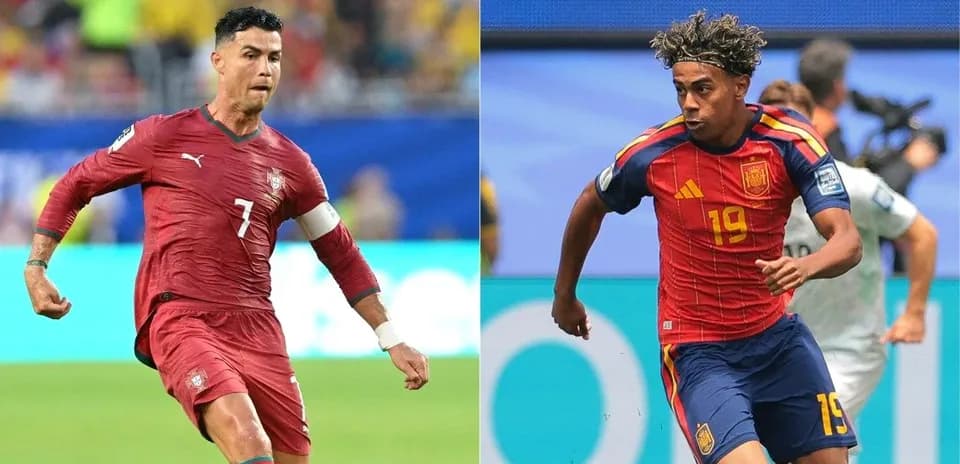 Cristiano Ronaldo y jugador español corriendo en partido