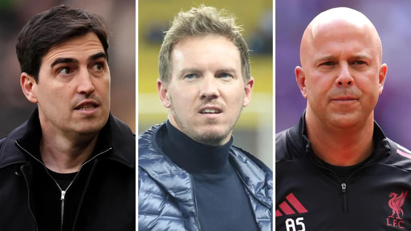 Tres entrenadores mirando al frente en diferentes escenarios