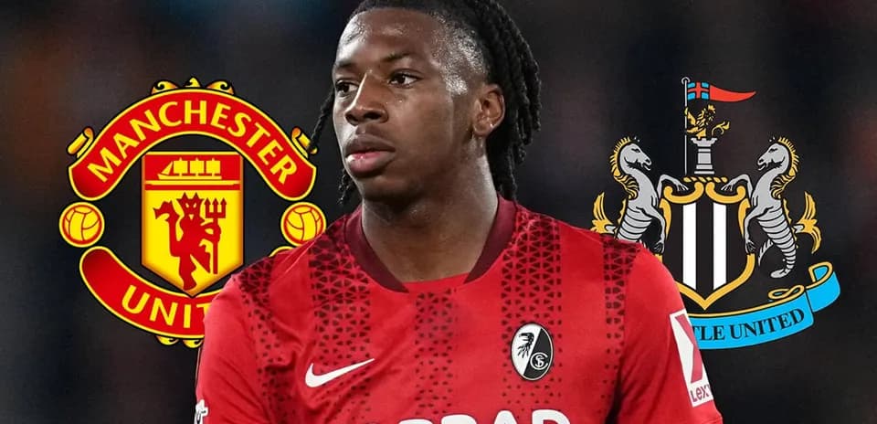 Jugador de fútbol con logotipos de Manchester y Newcastle