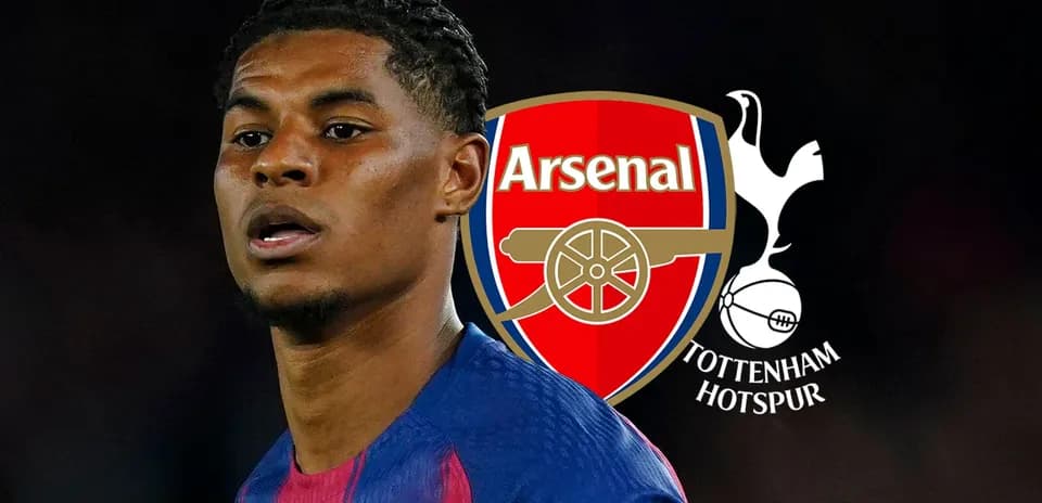 Jugador con logos de Arsenal y Tottenham de fondo