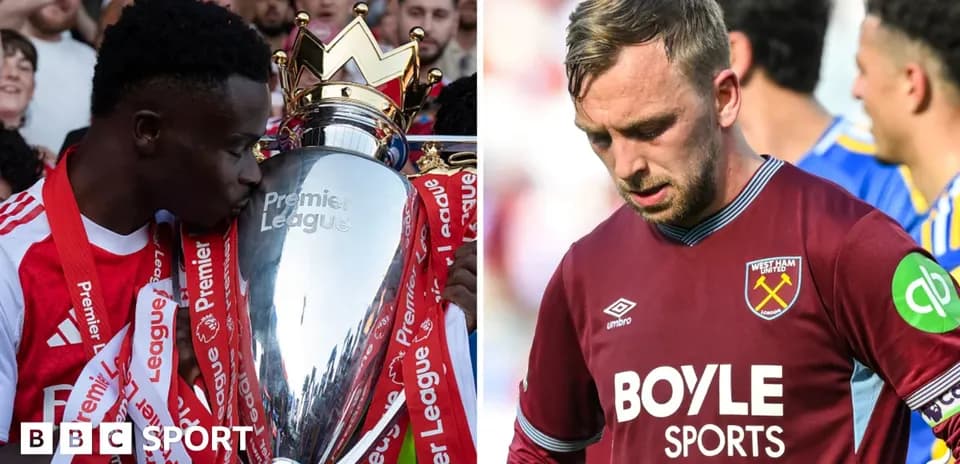 Jugador sosteniendo trofeo de Premier League, otro luciendo preocupado