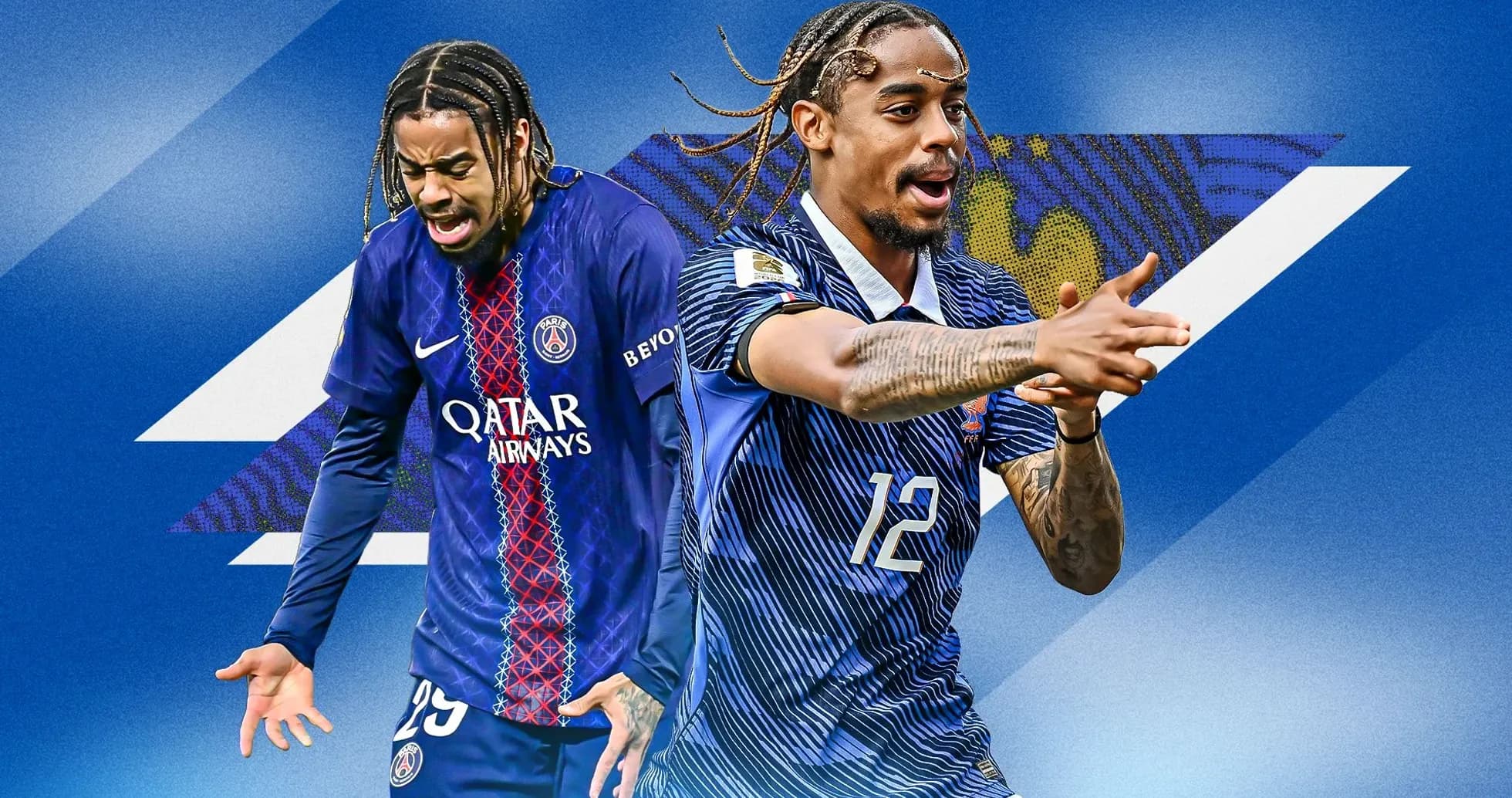 Jugadores de fútbol con camisetas de PSG y selección nacional