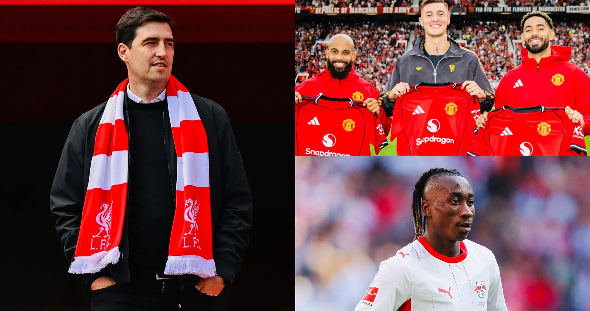 Entrenador con bufanda de Liverpool y jugadores de Manchester United