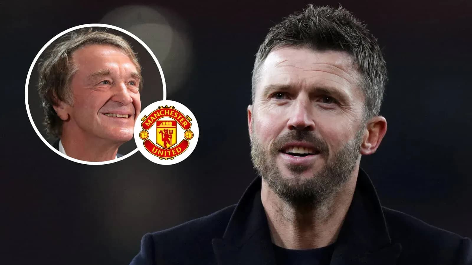 Michael Carrick y un hombre sonriendo, logo de Manchester United