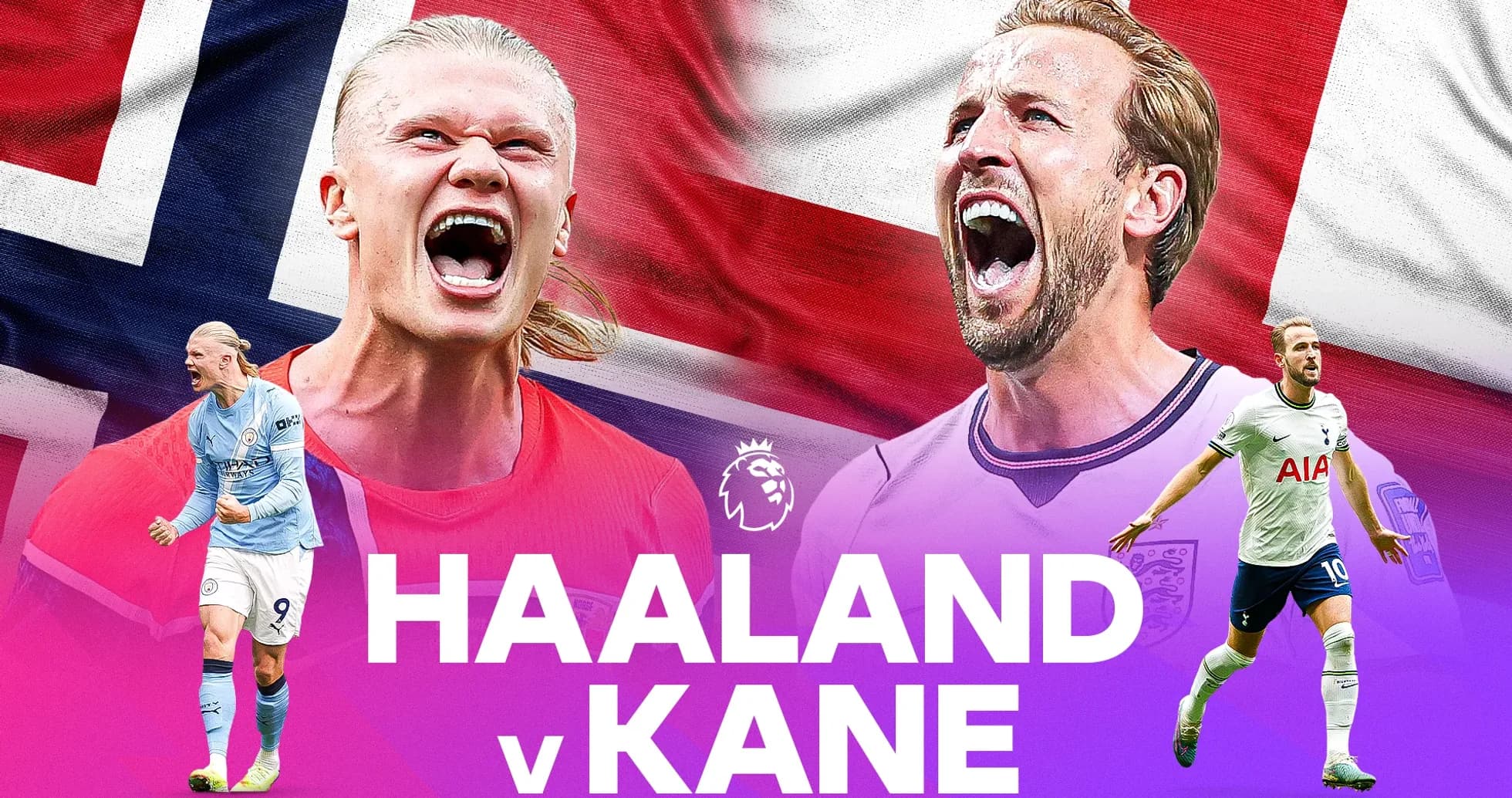 Haaland y Kane en fondo de banderas nacionales