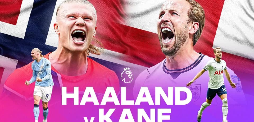 Haaland y Kane en fondo de banderas nacionales