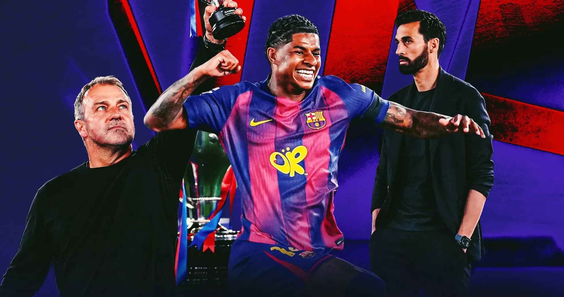 Jugador de Barcelona celebrando con trofeo junto a entrenadores
