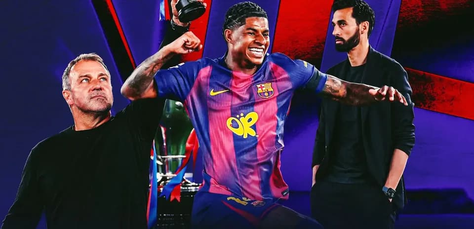 Jugador de Barcelona celebrando con trofeo junto a entrenadores