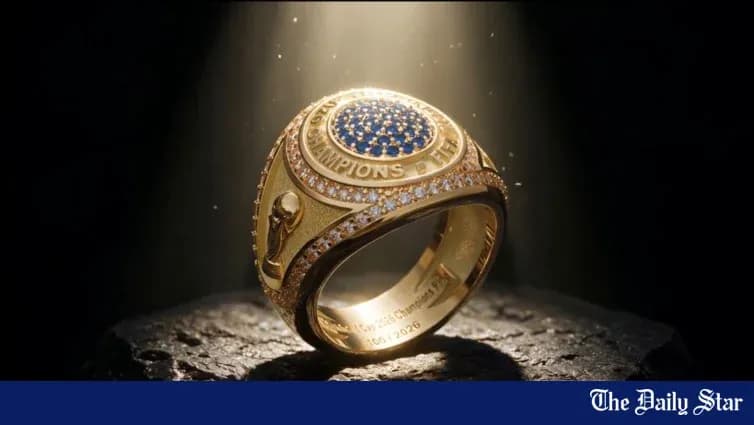 An intricately designed championship ring on display