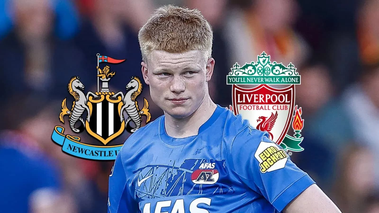 Jugador con camisetas de AZ y logos de Newcastle y Liverpool