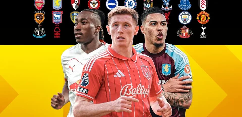 Jugadores de fútbol frente a logotipos de clubes ingleses