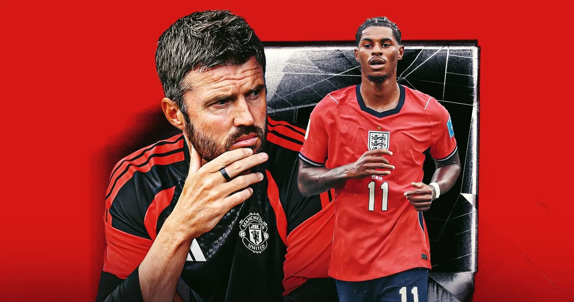 Entrenador y jugador de fútbol en fondo rojo Entrenador y jugador de fútbol en fondo rojo
