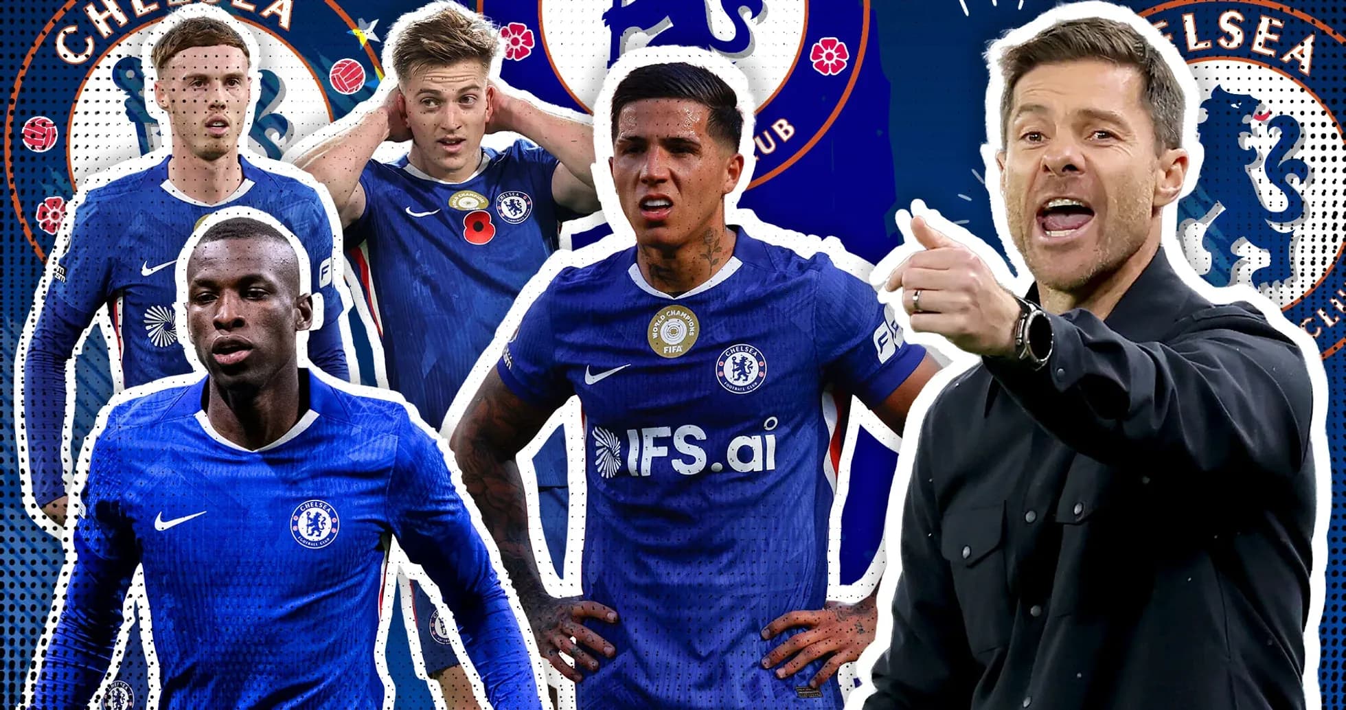 Jugadores de Chelsea y entrenador en acción Jugadores de Chelsea y entrenador en acción