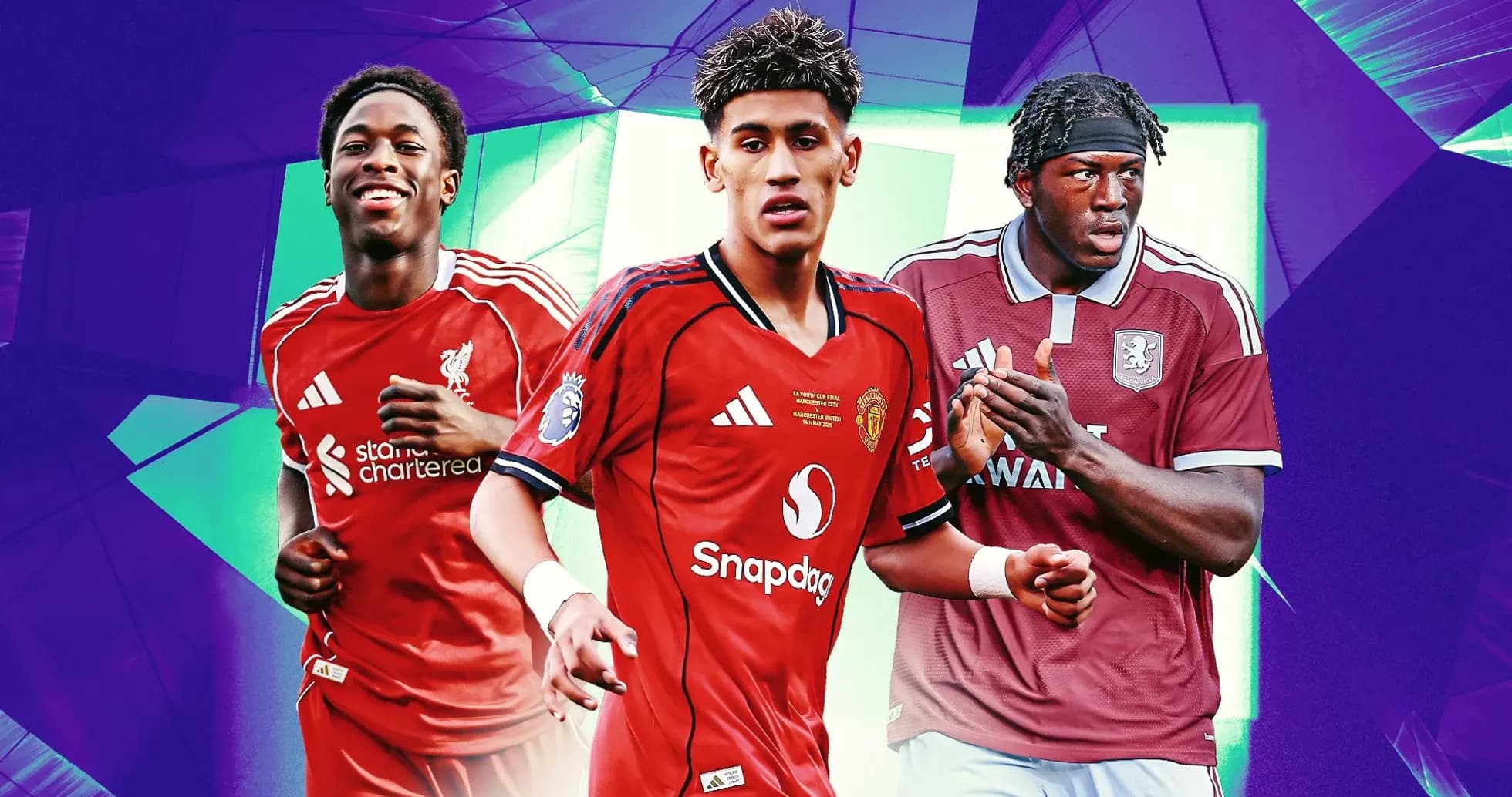 Jugadores de fútbol en camisetas de Liverpool, Manchester United y Aston Villa Jugadores de fútbol en camisetas de Liverpool, Manchester United y Aston Villa