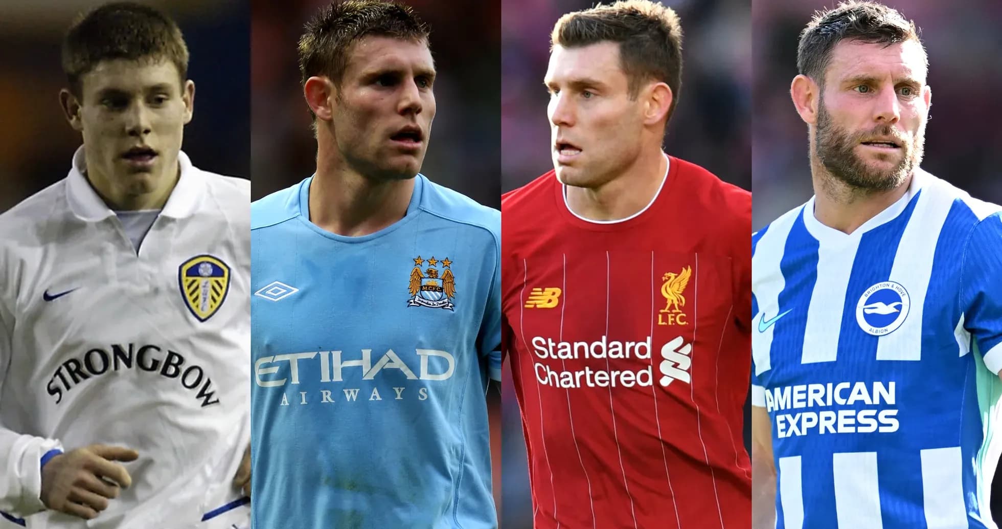 Cuatro jugadores de fútbol en diferentes camisetas de clubes Cuatro jugadores de fútbol en diferentes camisetas de clubes