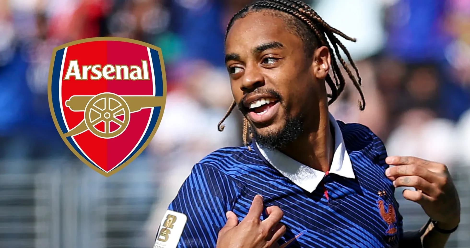 Jugador celebrando con logo de Arsenal de fondo Jugador celebrando con logo de Arsenal de fondo