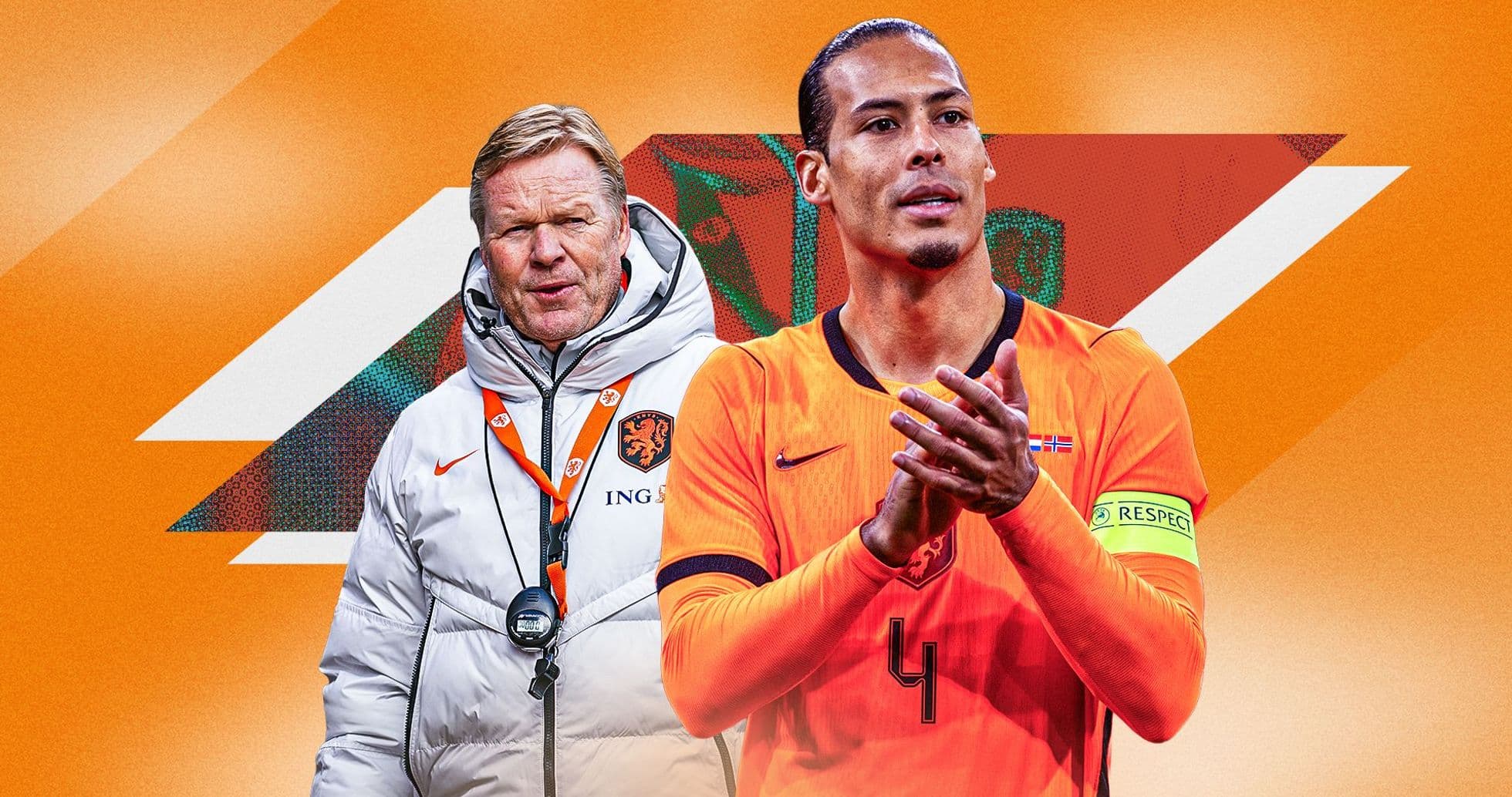 Ronald Koeman y Virgil van Dijk en fondo naranja Ronald Koeman y Virgil van Dijk en fondo naranja