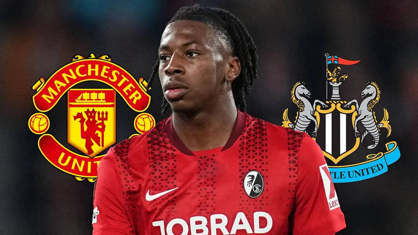 Jugador de fútbol con logotipos de Manchester y Newcastle Jugador de fútbol con logotipos de Manchester y Newcastle