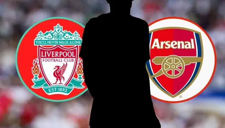 Logos de Liverpool y Arsenal con figura en silueta Logos de Liverpool y Arsenal con figura en silueta