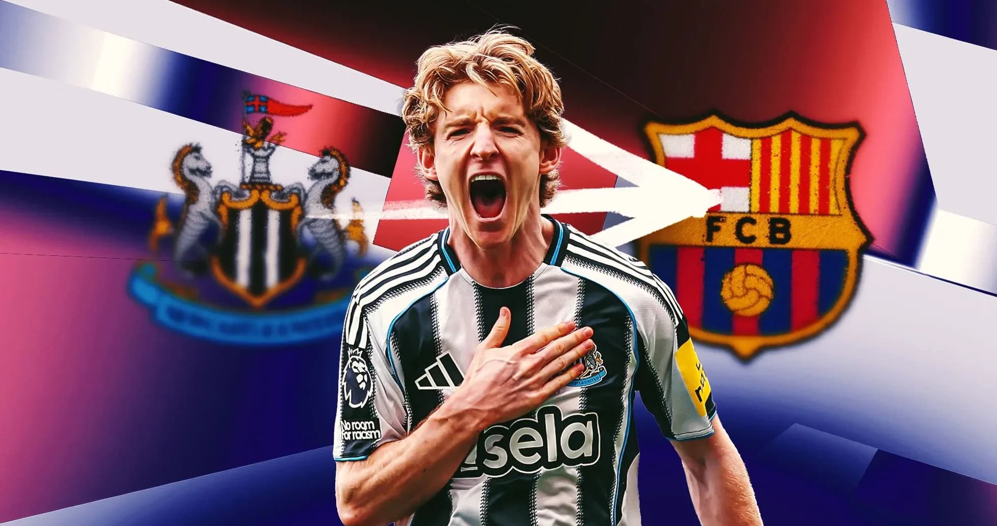 Jugador de Newcastle celebrando frente a logotipos de clubes Jugador de Newcastle celebrando frente a logotipos de clubes