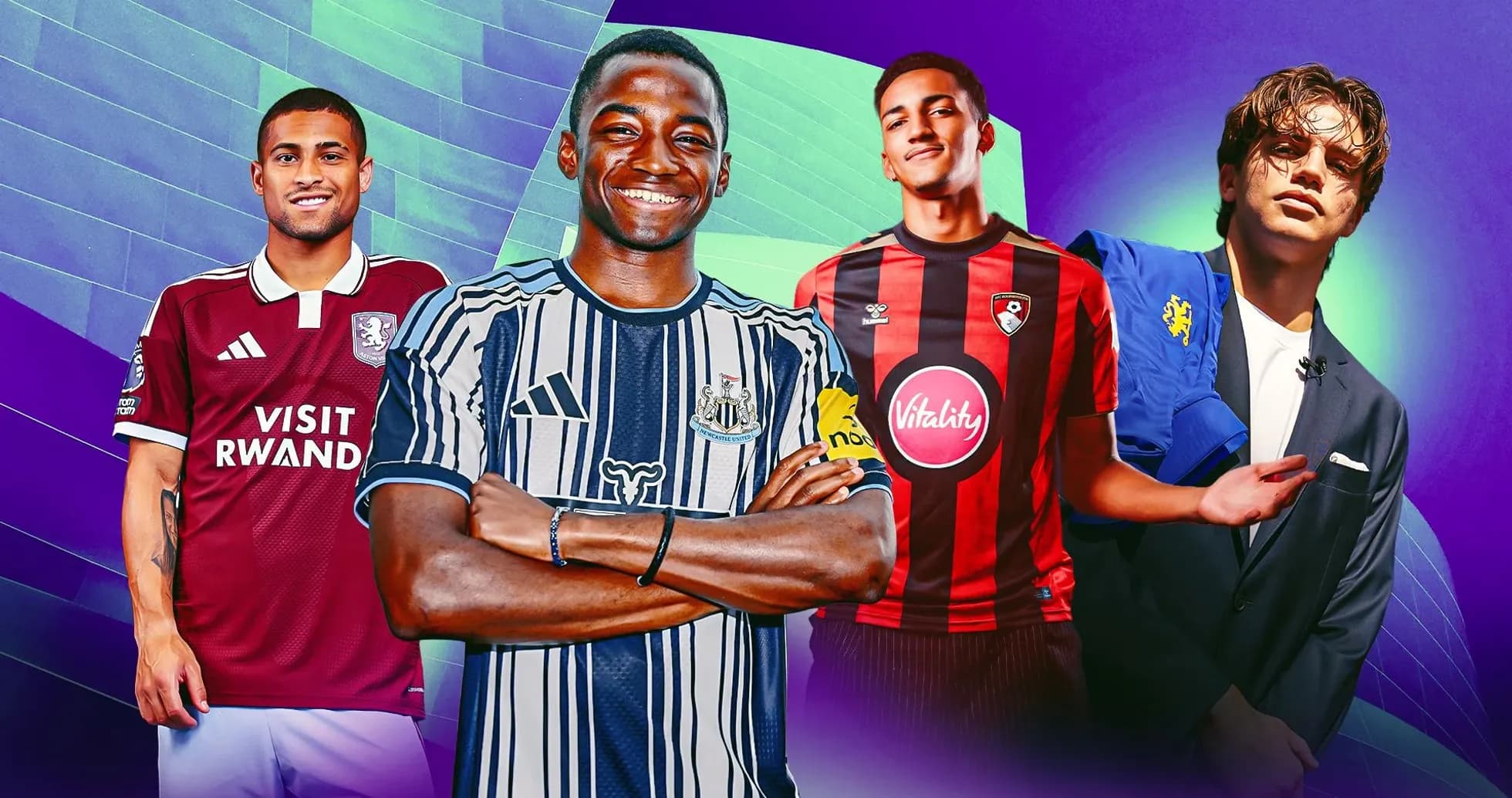 Cuatro futbolistas posando con camisetas de clubes Cuatro futbolistas posando con camisetas de clubes