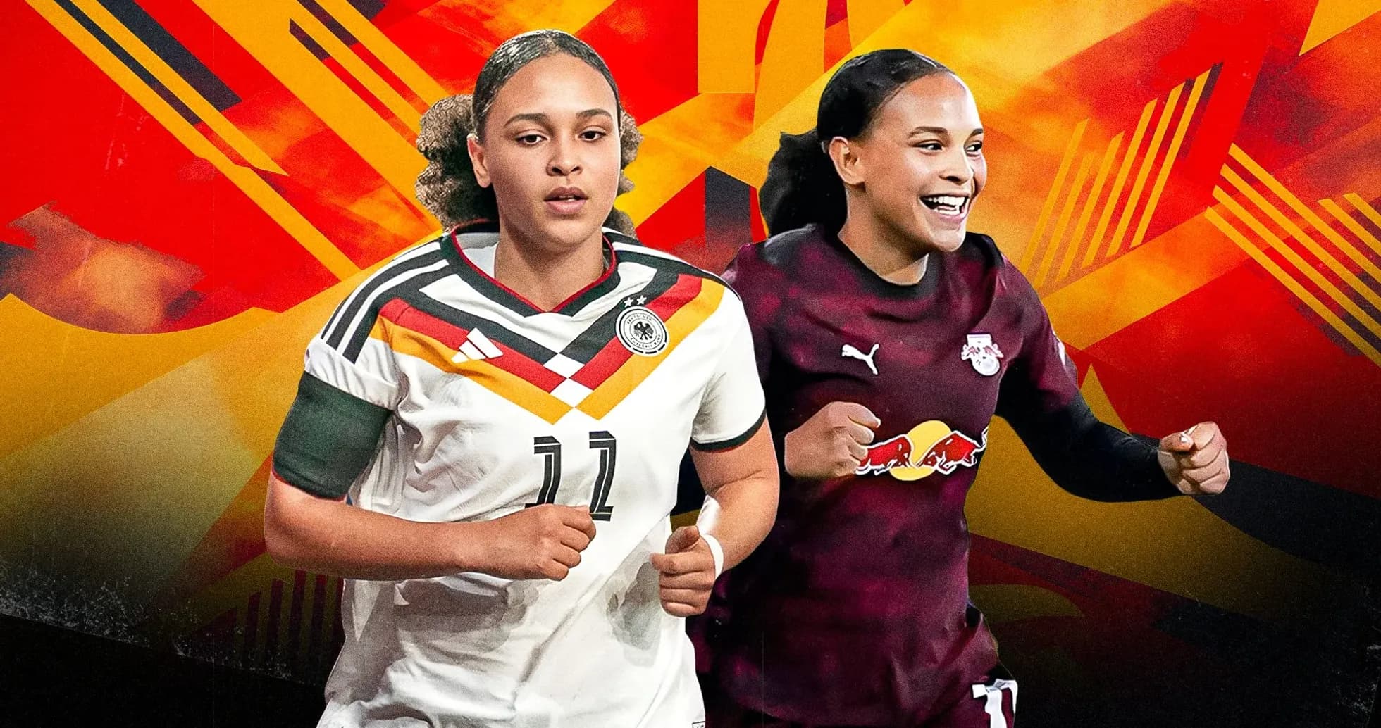 Jugadoras de fútbol en uniformes de Alemania y RB Leipzig Jugadoras de fútbol en uniformes de Alemania y RB Leipzig