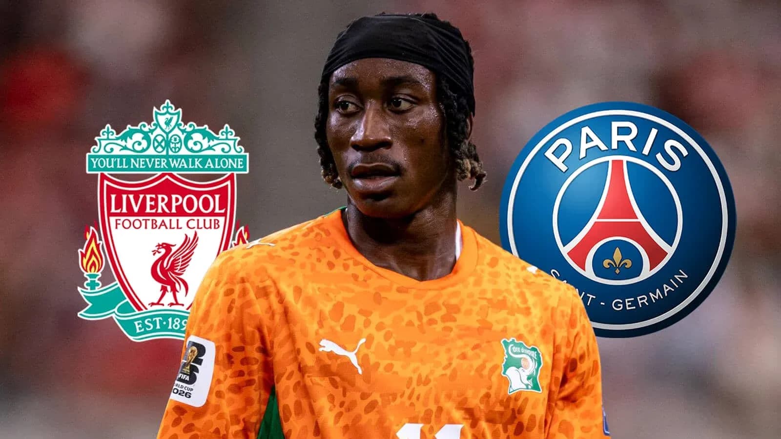Jugador con camiseta de Côte d'Ivoire y logos de Liverpool y PSG Jugador con camiseta de Côte d'Ivoire y logos de Liverpool y PSG