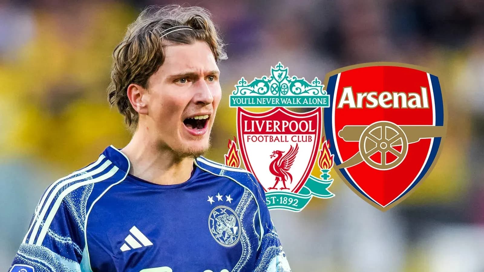 Portero de Ajax celebrando con logos de Liverpool y Arsenal Portero de Ajax celebrando con logos de Liverpool y Arsenal