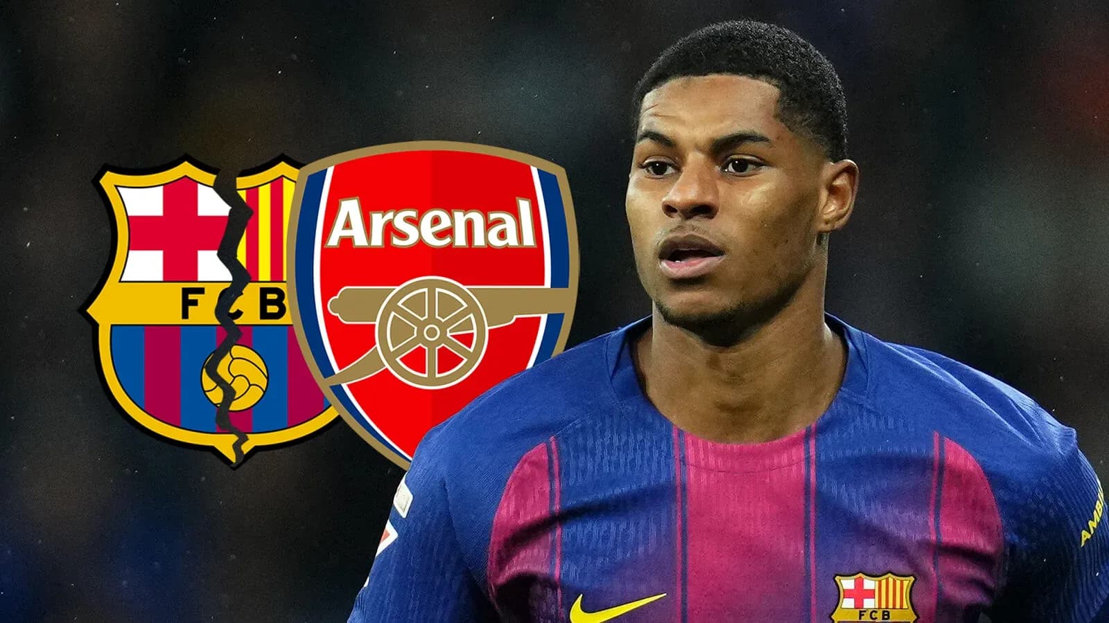Jugador de Barcelona frente a logos de Arsenal y Barcelona Jugador de Barcelona frente a logos de Arsenal y Barcelona