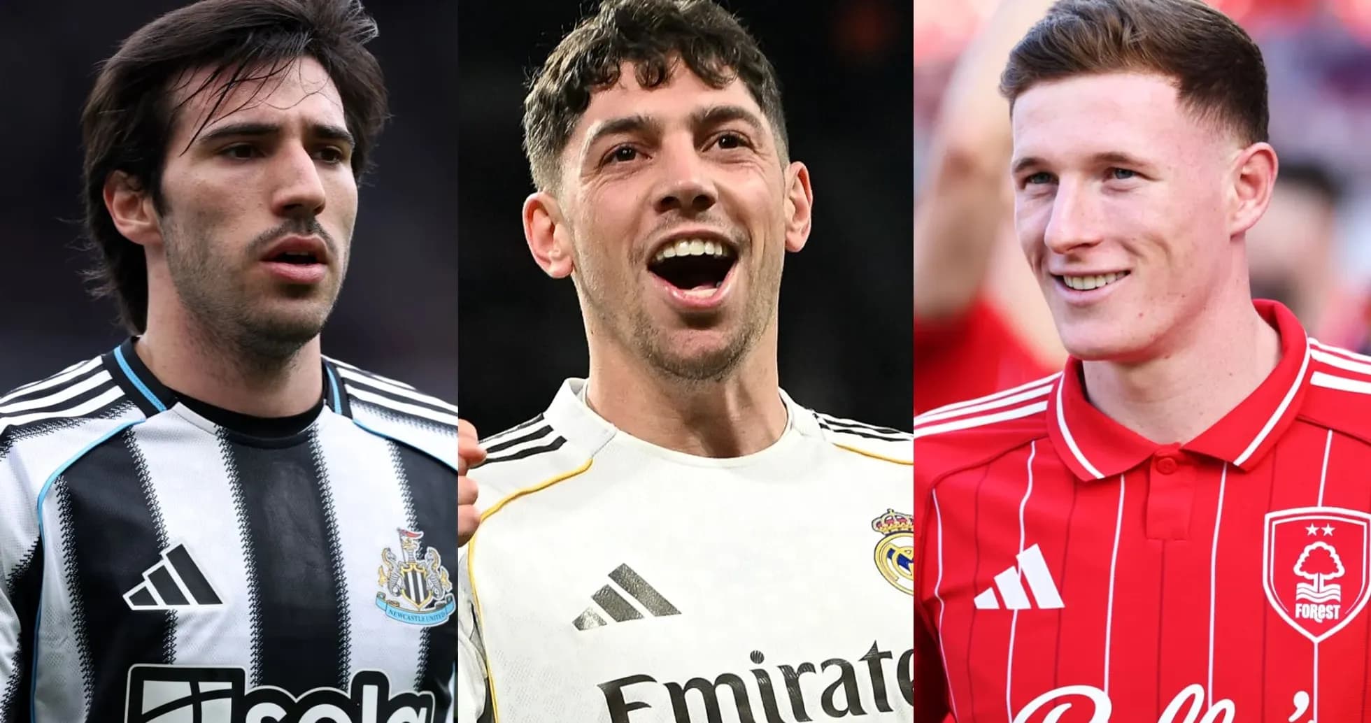Tres jugadores de fútbol en sus camisetas de equipo Tres jugadores de fútbol en sus camisetas de equipo