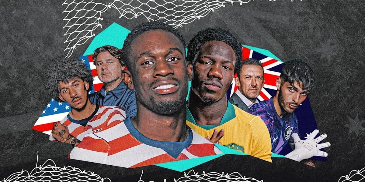 Varios jugadores de fútbol con camisetas y banderas Varios jugadores de fútbol con camisetas y banderas