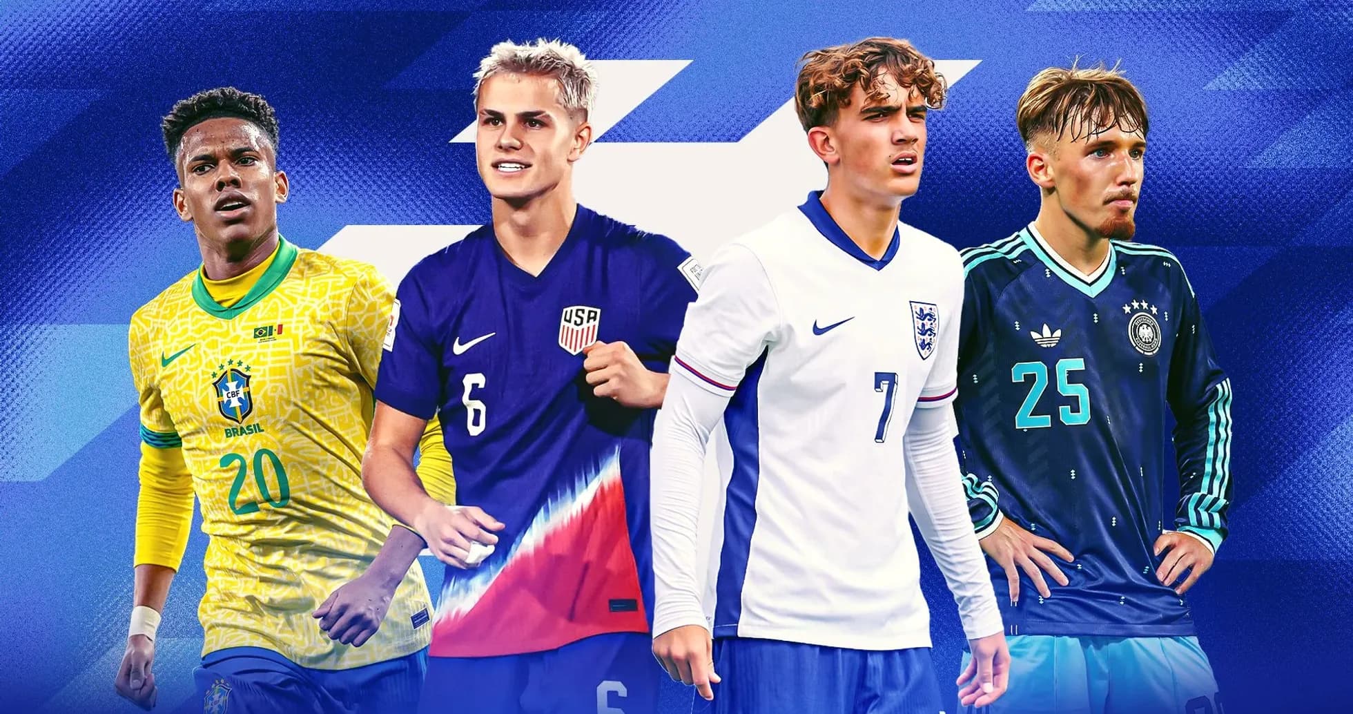 Cuatro jugadores de fútbol en uniformes de selecciones Cuatro jugadores de fútbol en uniformes de selecciones