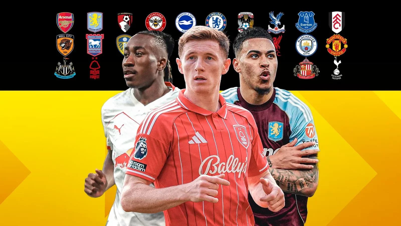 Jugadores de fútbol frente a logotipos de clubes ingleses Jugadores de fútbol frente a logotipos de clubes ingleses